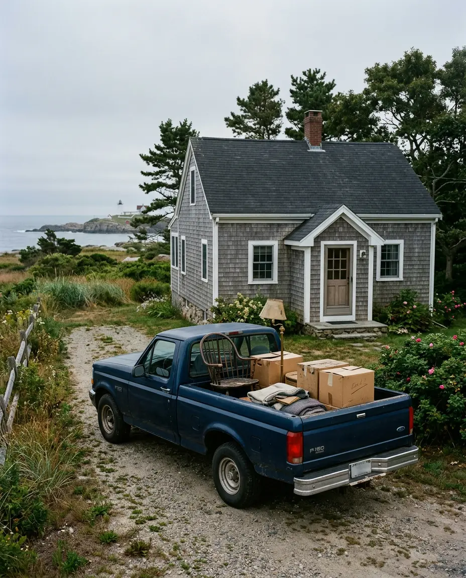A pickup truck loaded with furniture and boxes outside a shingled coastal cottage